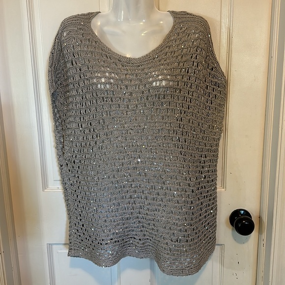 EILEEN FISHER Natural Oatmeal Beige Crochet Cap-Sleeve Sequin Sweater size med. - Picture 9 of 13